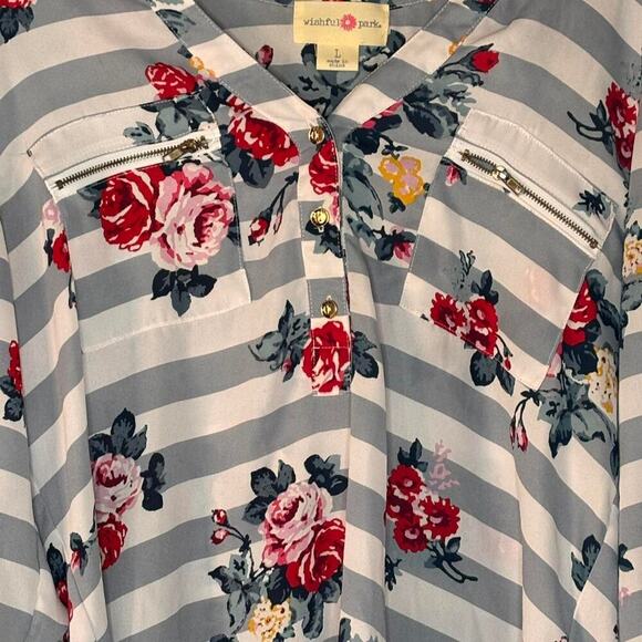Wishful Park Gray/White Striped Floral Blouse Cottage Core Zipper Details - Picture 3 of 7